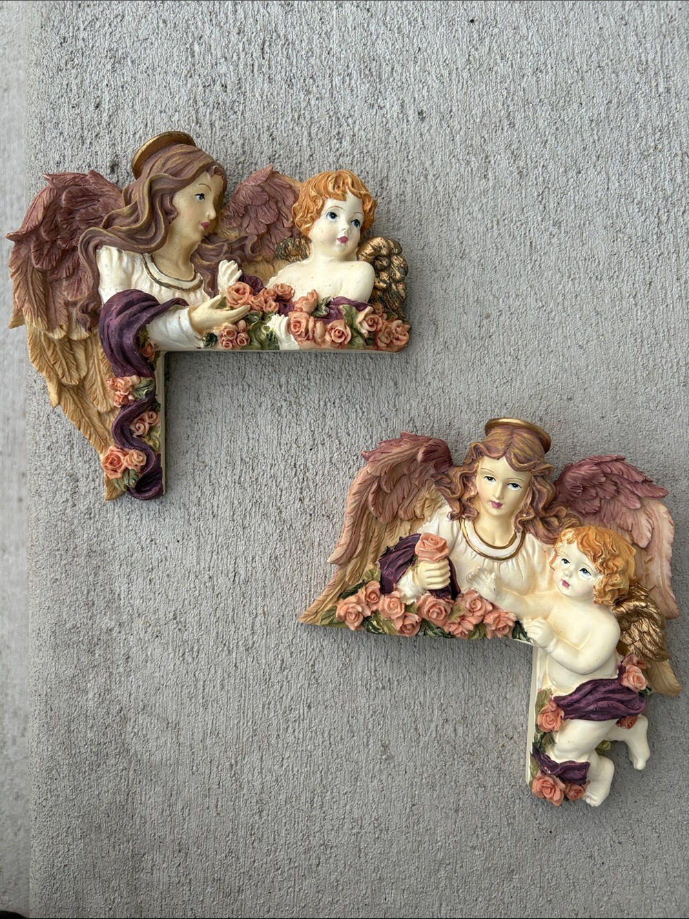 Vintage 1997 JGI Angel Cherub Door Corner Toppers Set of 2 Resin Rose Decor